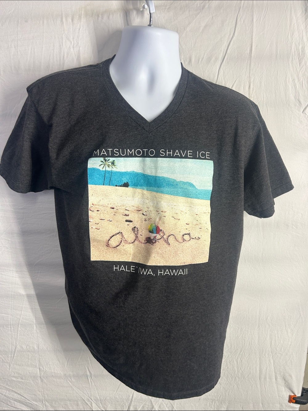Gray v-neck t-shirt with Hawaii seen